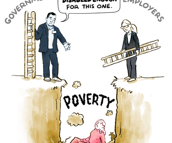 Cartoon drawn for the Disability Justice charity